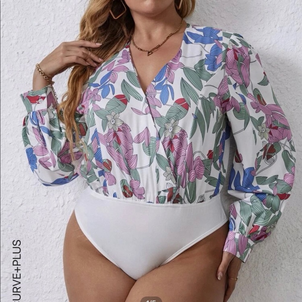 Plus Puff Sleeve Floral Print Bodysuit